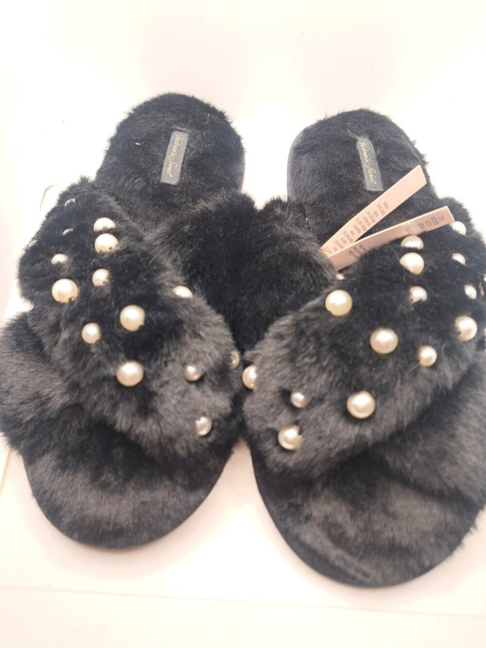 Victoria's Secret Crossover Black Faux Fur Slippers Slip On Womens Dressy New L